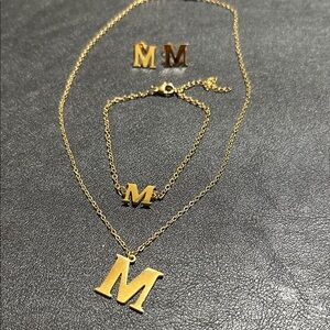 33.  M Initial Goldtone Necklace, Bracelet & Earring Set In Box